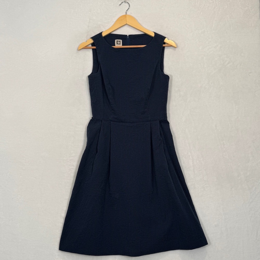 Anne Klein Navy Blue Seersucker Striped Sleeveless Fit and Flare Dress Size 4